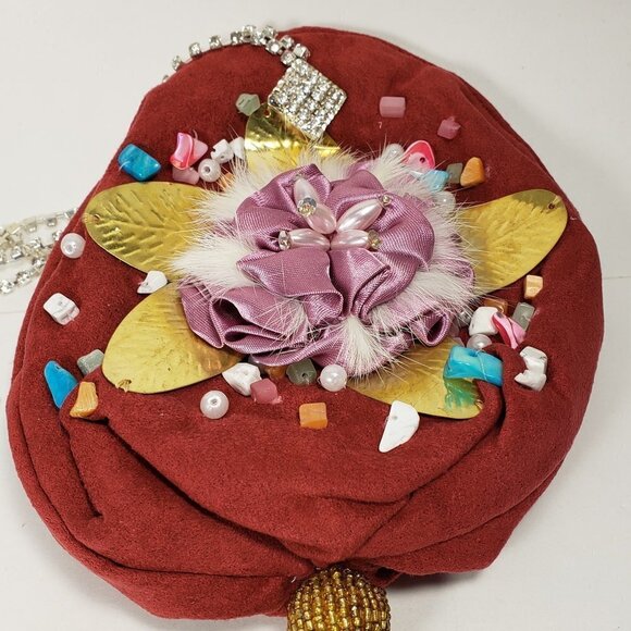 Red Coin Purse with Pink Satin Flower, Gems & Gold Leaf – Statement Mini Bag - Picture 3 of 13